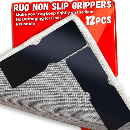 Rug Non Slip Grippers, Reusable Rug Tape Pads for Hardwood Floors, Laminate Floor, Tiles, No Residue on Flooring, Corner Grippers Carpet Tape for Area Rugs, Keep Corners Flat (12)