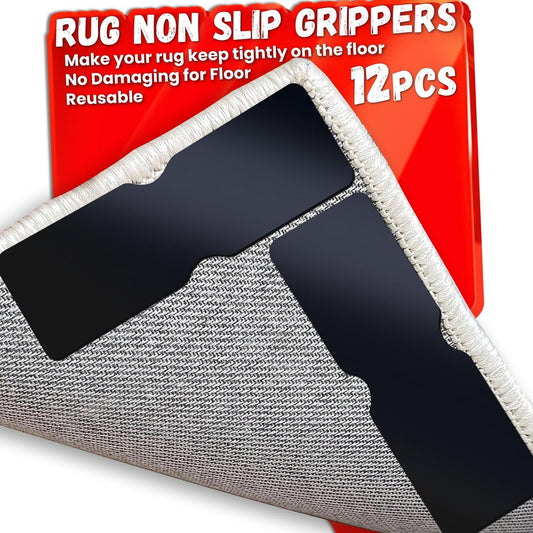Rug Non Slip Grippers, Reusable Rug Tape Pads for Hardwood Floors, Laminate Floor, Tiles, No Residue on Flooring, Corner Grippers Carpet Tape for Area Rugs, Keep Corners Flat (12)