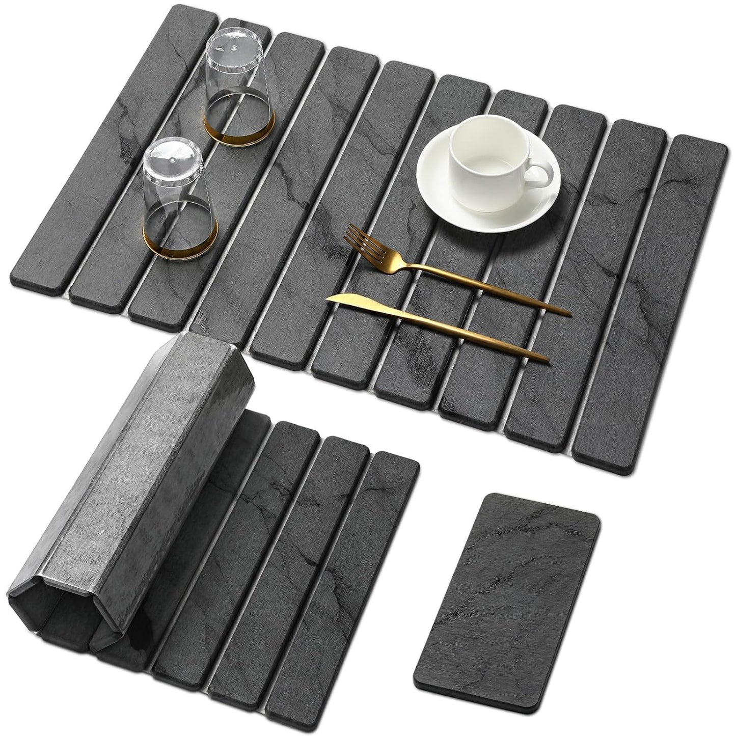 Large Stone Dish Drying Mat for Kitchen Counter, Quick Dry Stone Dishes/Bath Mats,Foldable Water Absorbing Diatomaceous Earth Drying Organizer Pad for Plate Rack Bottles Utensils(Dark Gray 24"×16")