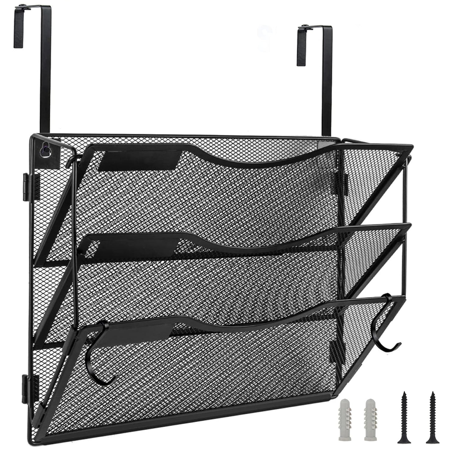 Wall File Organizer 3 Pockets, Mail Organizer, Hanging Folder Holder, Foldable | Hanging or Wall Mounted | Label Panel | 2 Hooks | Office Home School Organizer, Black