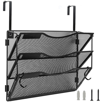 Wall File Organizer 3 Pockets, Mail Organizer, Hanging Folder Holder, Foldable | Hanging or Wall Mounted | Label Panel | 2 Hooks | Office Home School Organizer, Black