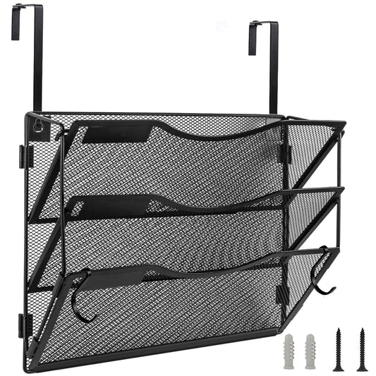 Wall File Organizer 3 Pockets, Mail Organizer, Hanging Folder Holder, Foldable | Hanging or Wall Mounted | Label Panel | 2 Hooks | Office Home School Organizer, Black