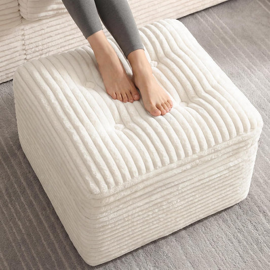 23.6in Pouf Ottoman, Corduroy Footstool Foot Rest Seating, Beige | Dual-layer support poofy pouf with soft chunk-foam top & firm foam base. Ideal floor foot stool & seating for living room