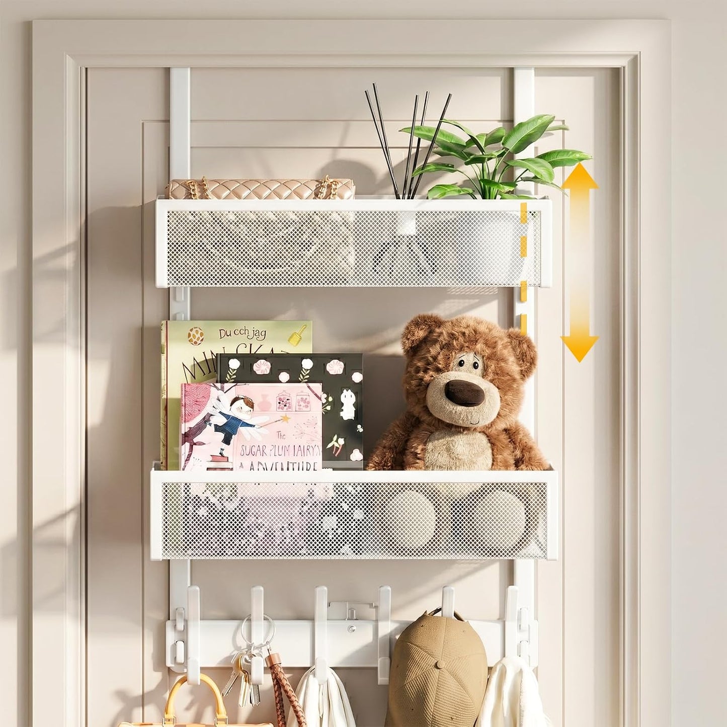 Over the Door Hooks Organizer,Door Hanger Fits Doors 1 3/4" White | 12 Coat Hooks and 2 Mesh Basket,Space-Saving,Back Storage Organizer,Over The Door Towel Rack,for Bathroom,Bedroom,Kitchen