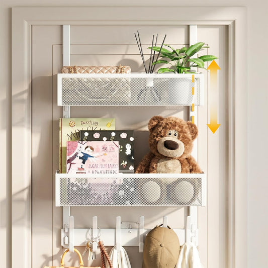 Over the Door Hooks Organizer,Door Hanger Fits Doors 1 3/4" White | 12 Coat Hooks and 2 Mesh Basket,Space-Saving,Back Storage Organizer,Over The Door Towel Rack,for Bathroom,Bedroom,Kitchen