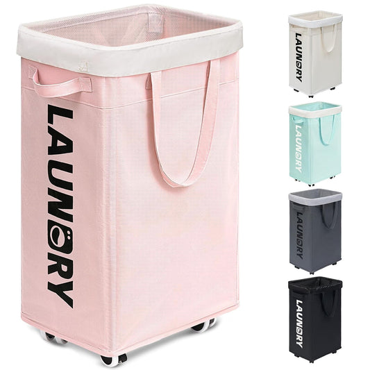 Goodpick 75L Laundry Hamper with Wheels, Dorm Room Essentials for Girls | Laundry Basket with Wheels, Collapsible Laundry Basket, Rolling Laundry Hamper with Handle for College Dorm,Pink