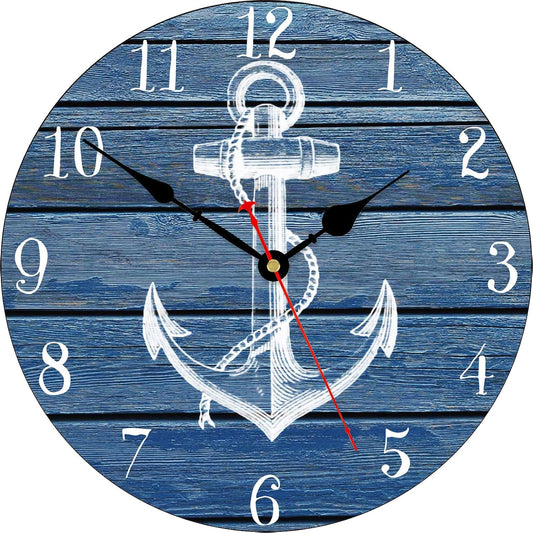 TAHEAT Nautical Anchor Beach Wall Clock, Navy Blue Bathroom Accessories and Decor, Decorative Battery Operated Vintage Clocks for Living Room/Kitchen/Home/Lake House, 12 Inch