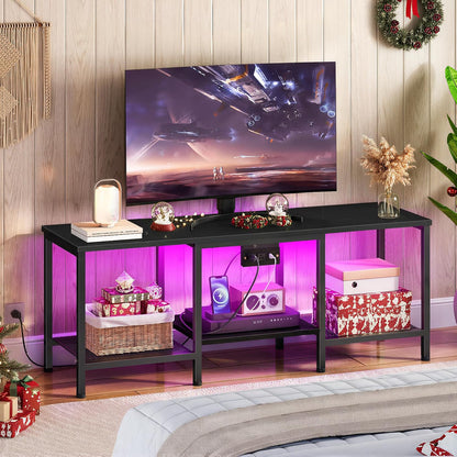HOOBRO TV Stand with Charging Station to 55 Inches, LED Entertainment Center, Media TV Console Table with Open Storage Shelving for Living Room, Bedroom, Black BB122UDDS01