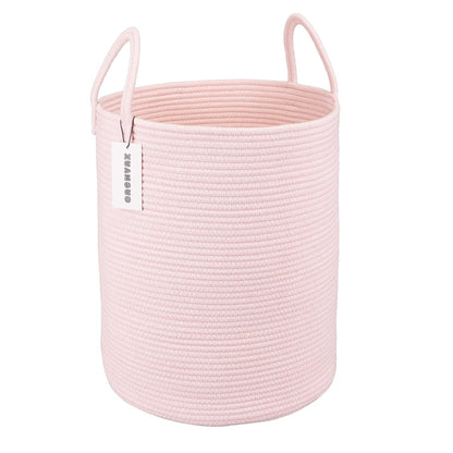 XUANGUO Cotton Rope Laundry Basket Hamper for Girls Kids Baby Nursery Pink | Large Nursery Hamper Bin and Woven Storage Basket for Living Room Girls Room Boho Tall Rope Baskets for Blankets Toys