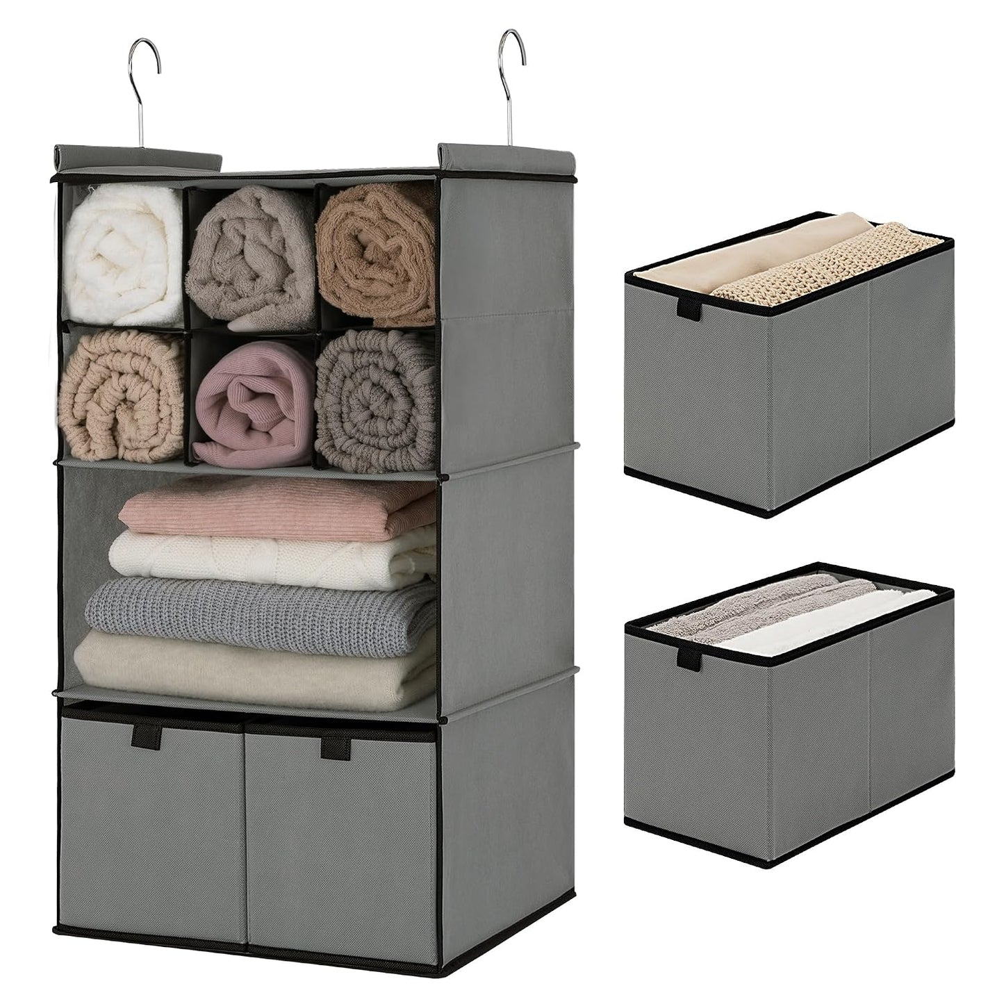 GRANNY SAYS Hanging Closet Organizer with Drawers, 4 Shelf Dividers Closet Hanging Organizer, Foldable Hanging Shelves for Wardrobe Closet, Small Closet Organizers for Clothes Shoes, Grey