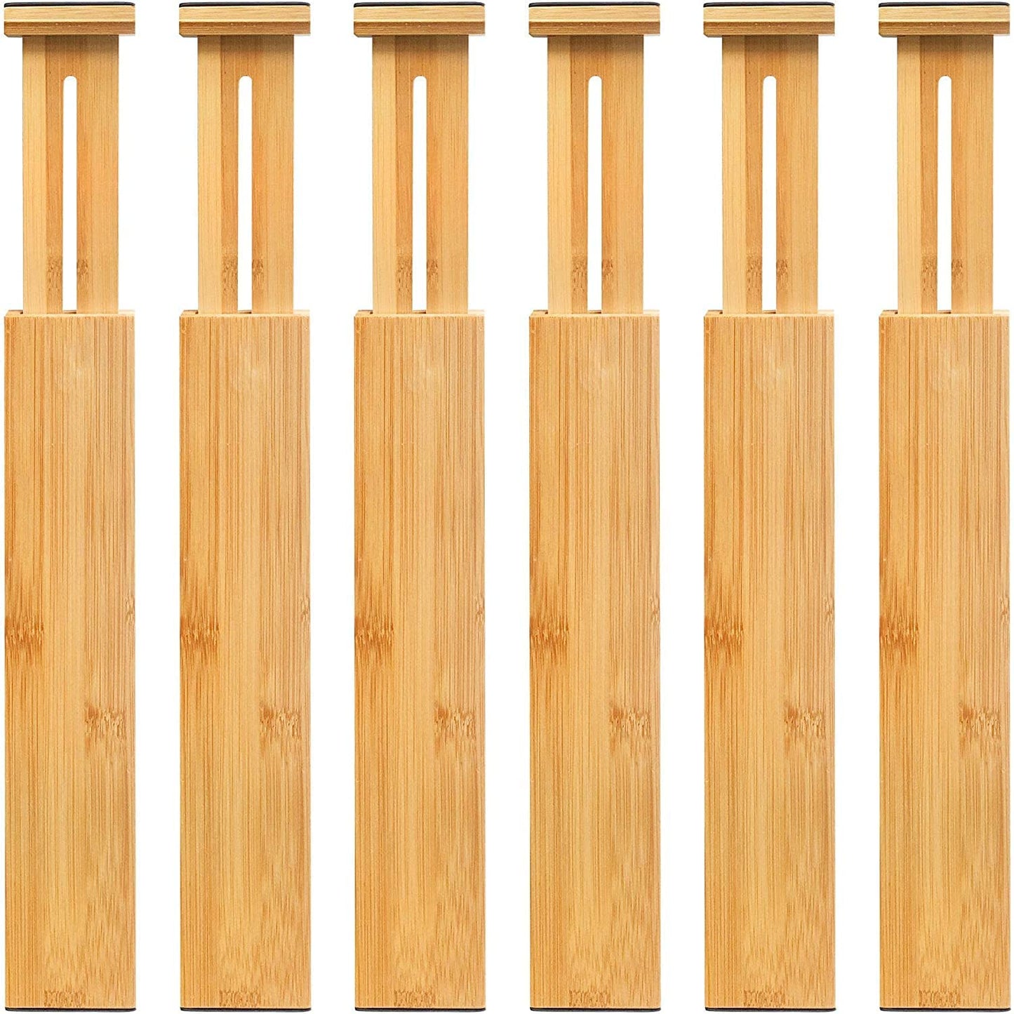 VaeFae 6-Pack Adjustable Bamboo Drawer Dividers, Expandable Drawer Organizer for Kitchen Utensils, Clothes, Bathroom, Office – Fits Drawer Interiors 16.6" to 21.8"