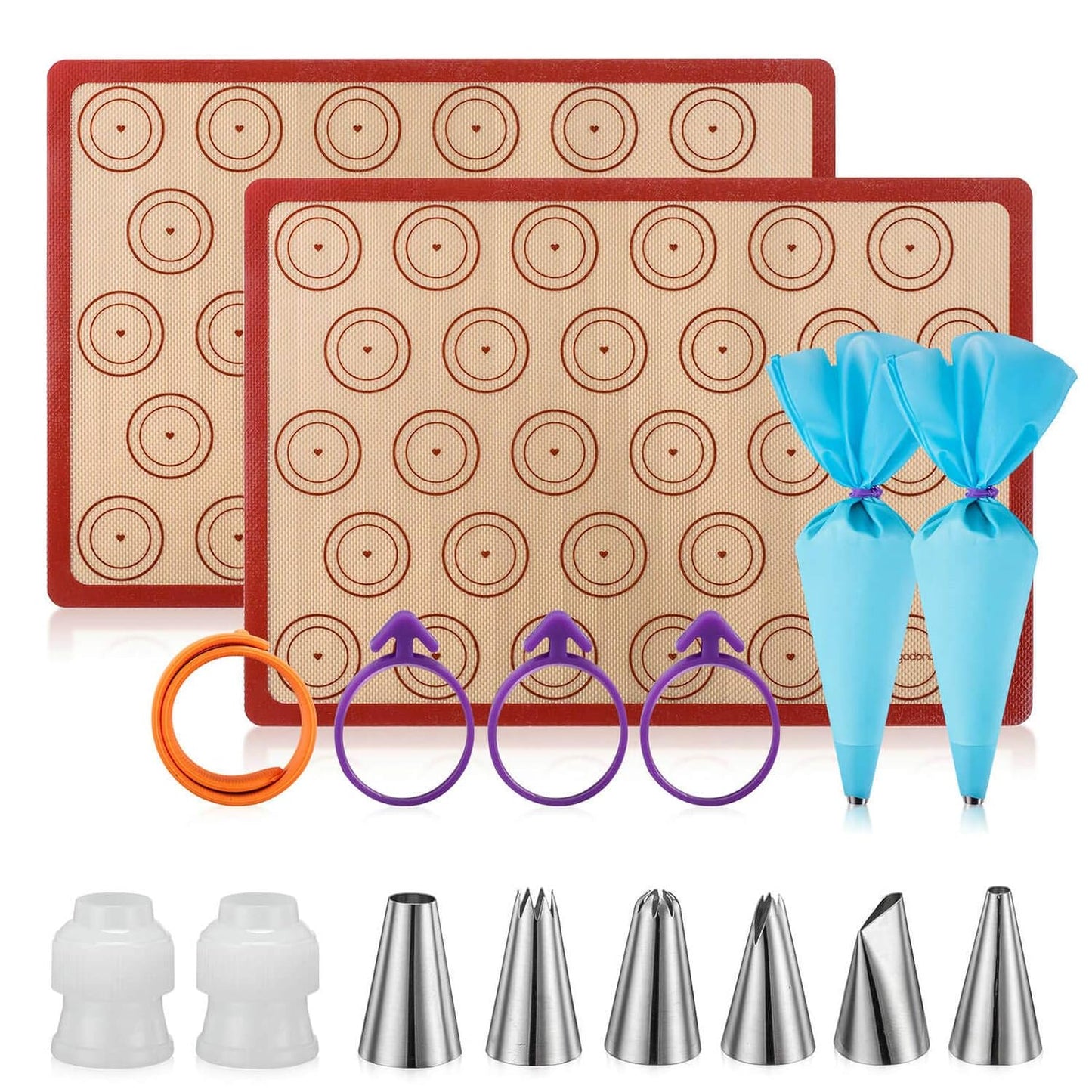 Macaron Silicone Baking Mats Kit (16pcs set) Macaroon Baking Mat Set of 2 Half Sheet Macaron Silicone Mat Nonstick Macaron Mat Sheet,6 Piping Tip,2 Piping Bag with 3 Bag Tie,2 coupler