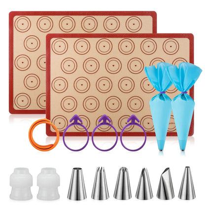 Macaron Silicone Baking Mats Kit (16pcs set) Macaroon Baking Mat Set of 2 Half Sheet Macaron Silicone Mat Nonstick Macaron Mat Sheet,6 Piping Tip,2 Piping Bag with 3 Bag Tie,2 coupler