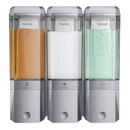Shampoo and Conditioner Dispenser 3 Chamber No Drill Shower Soap Dispenser Wall Mounted Shampoo Conditioner Body Wash Dispenser 3 * 500ml Refillable Shower Dispenser for Bathroom Hotel, Silver