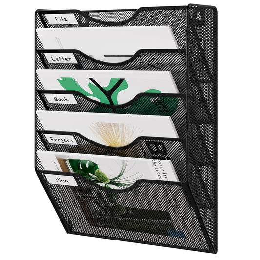 EasyPAG Wall File Organizer 5 Tier Hanging Paper Folder Holder, Zero Assembly Metal Mesh Wall Mounted Mail Organizer for Office Home Classroom Narrow Spaces, Black