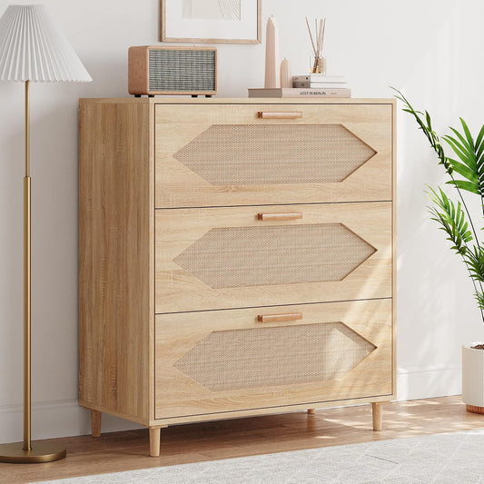 3 Drawer Dresser for Bedroom, 31.5 Inch Wide Ratta... (Oak | Wood)