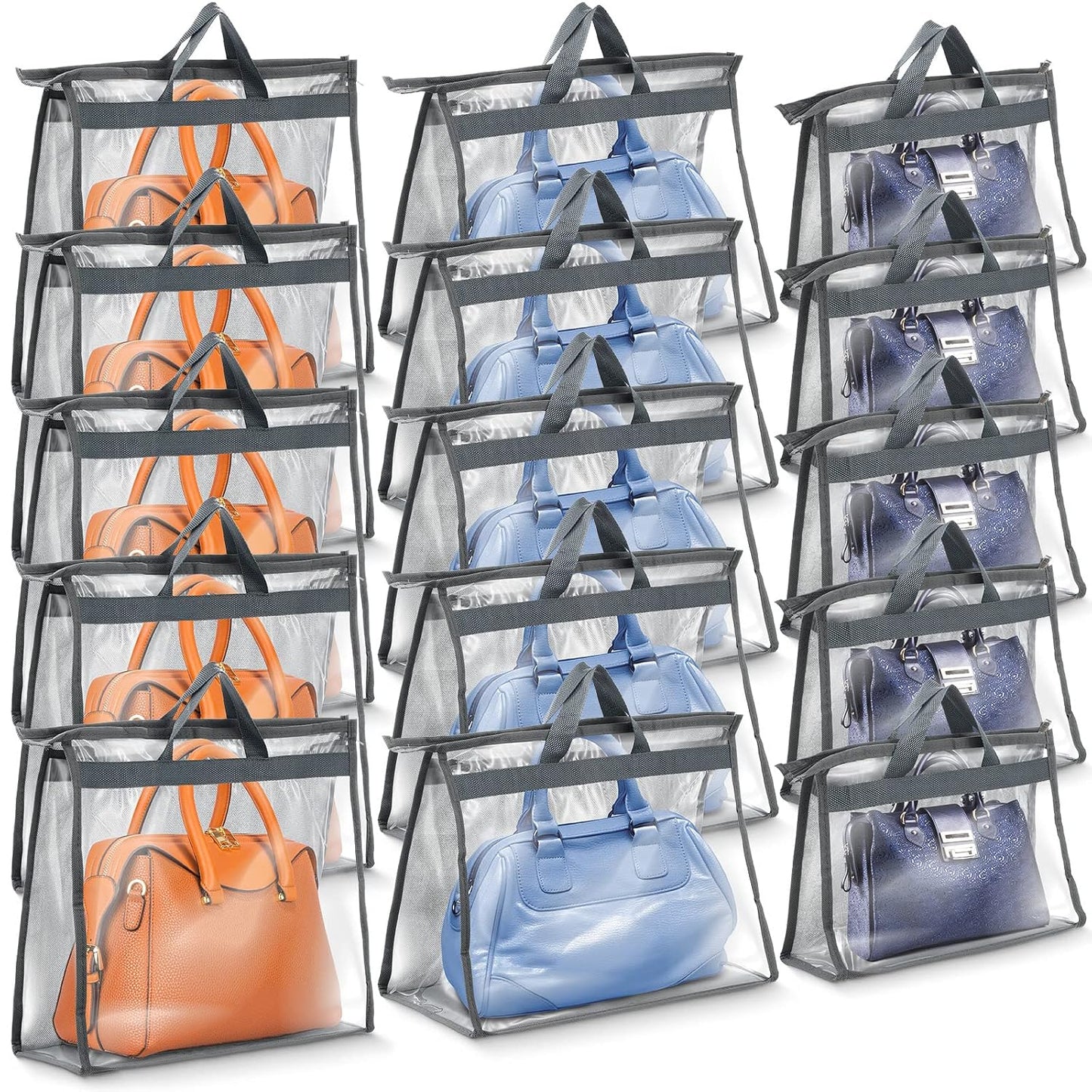 Shappy 15 Pcs Purse Dust Bag for Storage Handbags, 3 Sizes Storage Clear Cover Organizer for Closet Purses Dust Bags with Zipper and Handles Dorm Room Handbags, 5 Each Size(Gray)