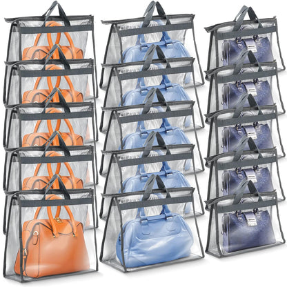 Shappy 15 Pcs Purse Dust Bag for Storage Handbags, 3 Sizes Storage Clear Cover Organizer for Closet Purses Dust Bags with Zipper and Handles Dorm Room Handbags, 5 Each Size(Gray)