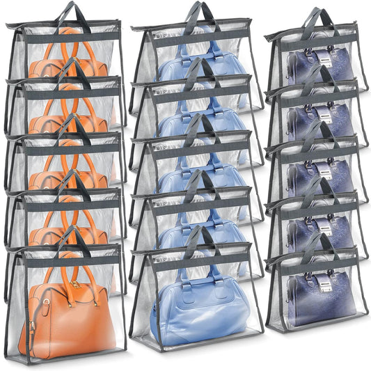 Shappy 15 Pcs Purse Dust Bag for Storage Handbags, 3 Sizes Storage Clear Cover Organizer for Closet Purses Dust Bags with Zipper and Handles Dorm Room Handbags, 5 Each Size(Gray)