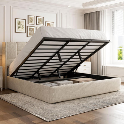 King Bed Frame with Hydraulic Gas Lift Up Storage, Linen Upholstered
