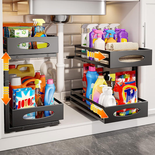 Under Sink Organizer, 2 Tier Under Sink Organizers... (Black | Carbon Steel)