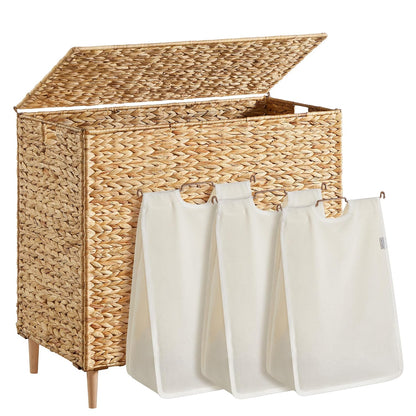 SONGMICS Laundry Hamper 3 Sections, 47.5 Gal. (180 L) Handwoven Water Hyacinth Wicker Laundry Basket with Lid, Natural Material, Removable Machine Washable Liners, Handles, Natural ULCB203Y01