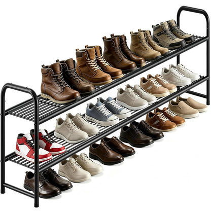 AOODA Long 2 Tier Shoe Rack for Closet Metal Wide Stackable Shoe Storage Organizer for Entryway, Bedroom, Floor, 18-Pairs Low Shoe Shelf, Black