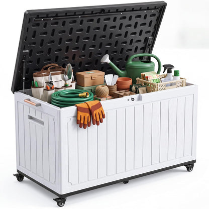 YITAHOME 90 Gallon Outdoor Storage Box with 6 Swivel Wheels & Dual Wooden | Large Double-Wall Resin Deck Box, Lockable Waterproof Patio Organizer for Furniture, Cushions, White & Black
