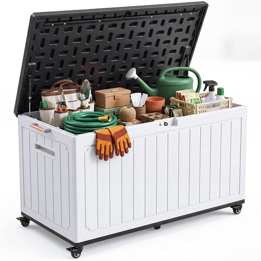 YITAHOME 90 Gallon Outdoor Storage Box with 6 Swivel Wheels & Dual Wooden | Large Double-Wall Resin Deck Box, Lockable Waterproof Patio Organizer for Furniture, Cushions, White & Black