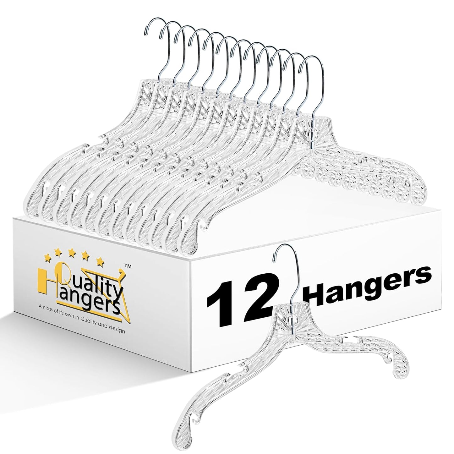 Quality Hangers 12 Pack Crystal Clear Plastic Hangers with Easy Swivel 360 Degree Hook Slim Crystal Coat Hangers 17 Inches (12, 17")