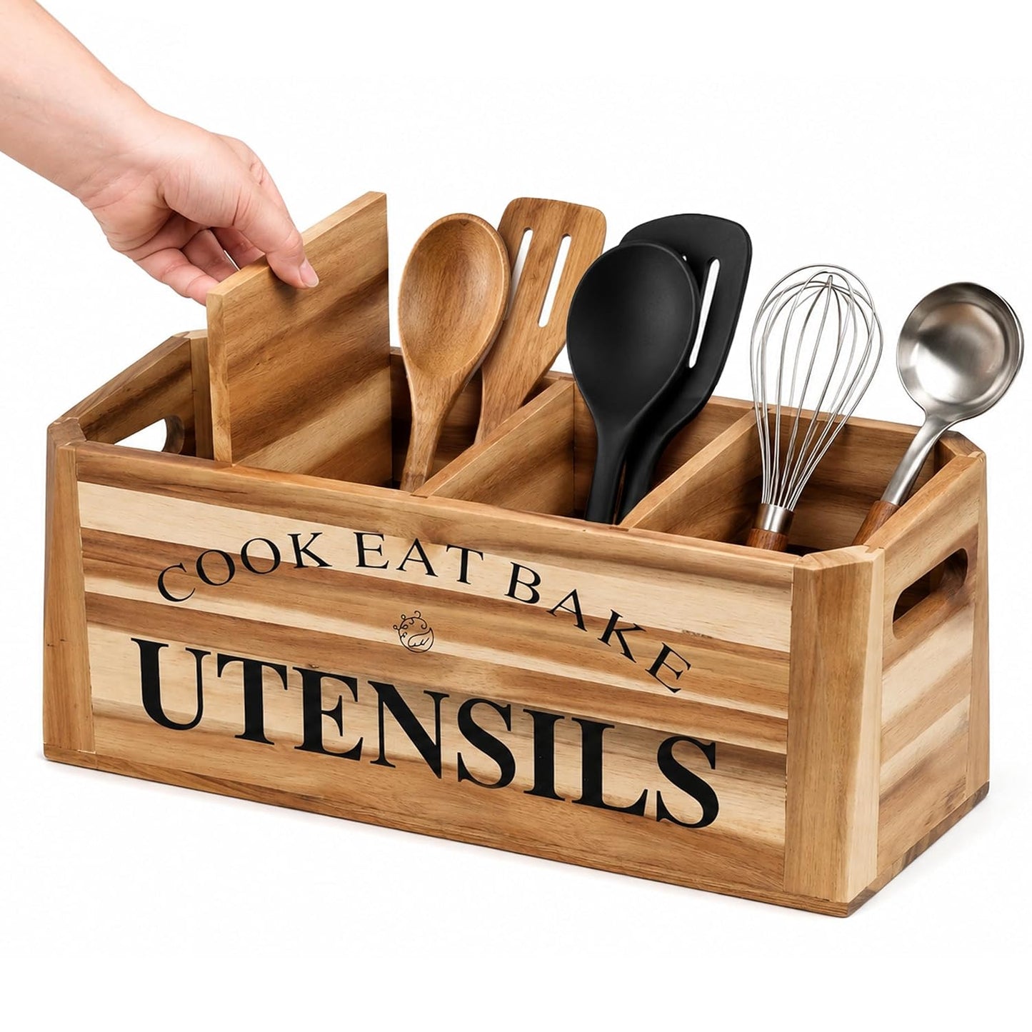 Acacia Wood Utensil Holder for Kitchen Counter, Ex... (Natural | Wood)