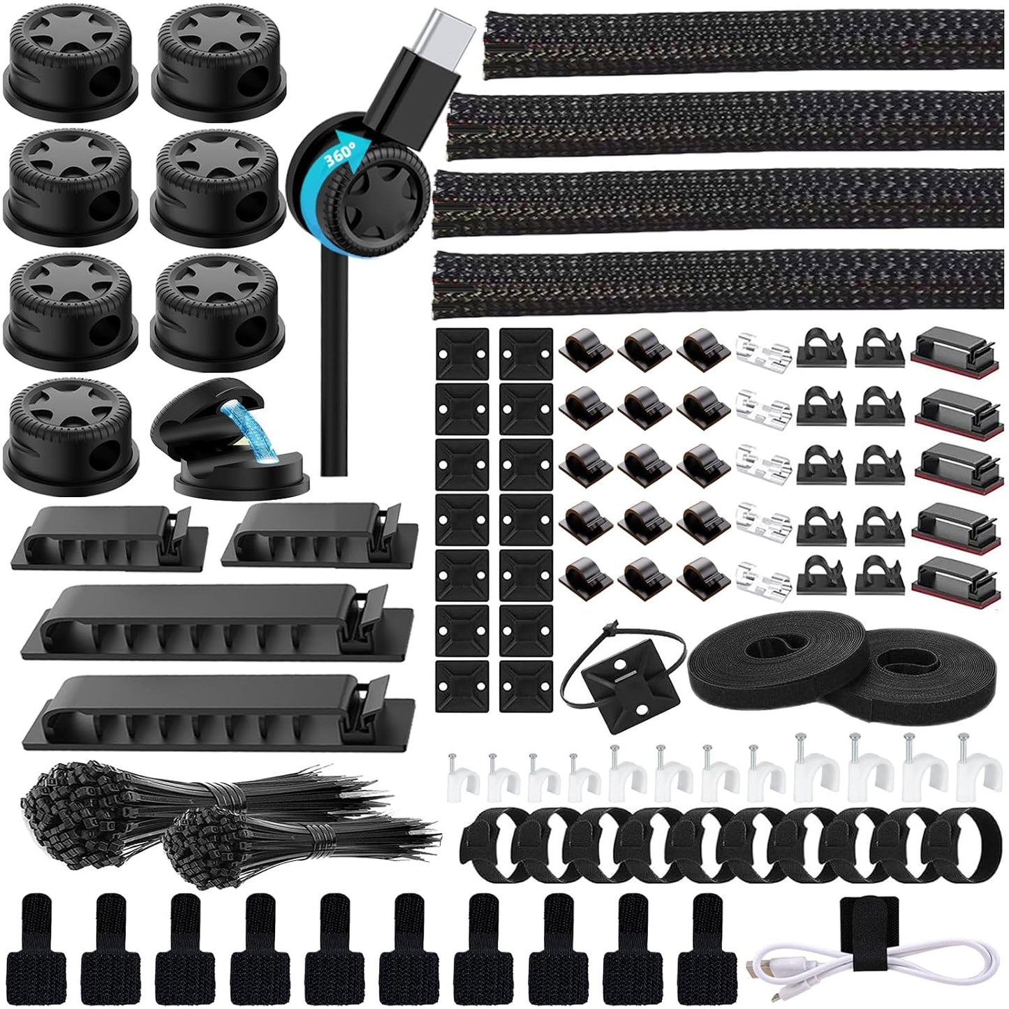 328Pcs Cable Management Kit, 8 Magnetic Cable Holder 69 Cable Clips | 4 Cable Sleeve Split,22Reusable Cable Strap,200 Nylon Cable Zip Ties ,25 Mounts TV Office,Nontoxic,Extra Strong Durable