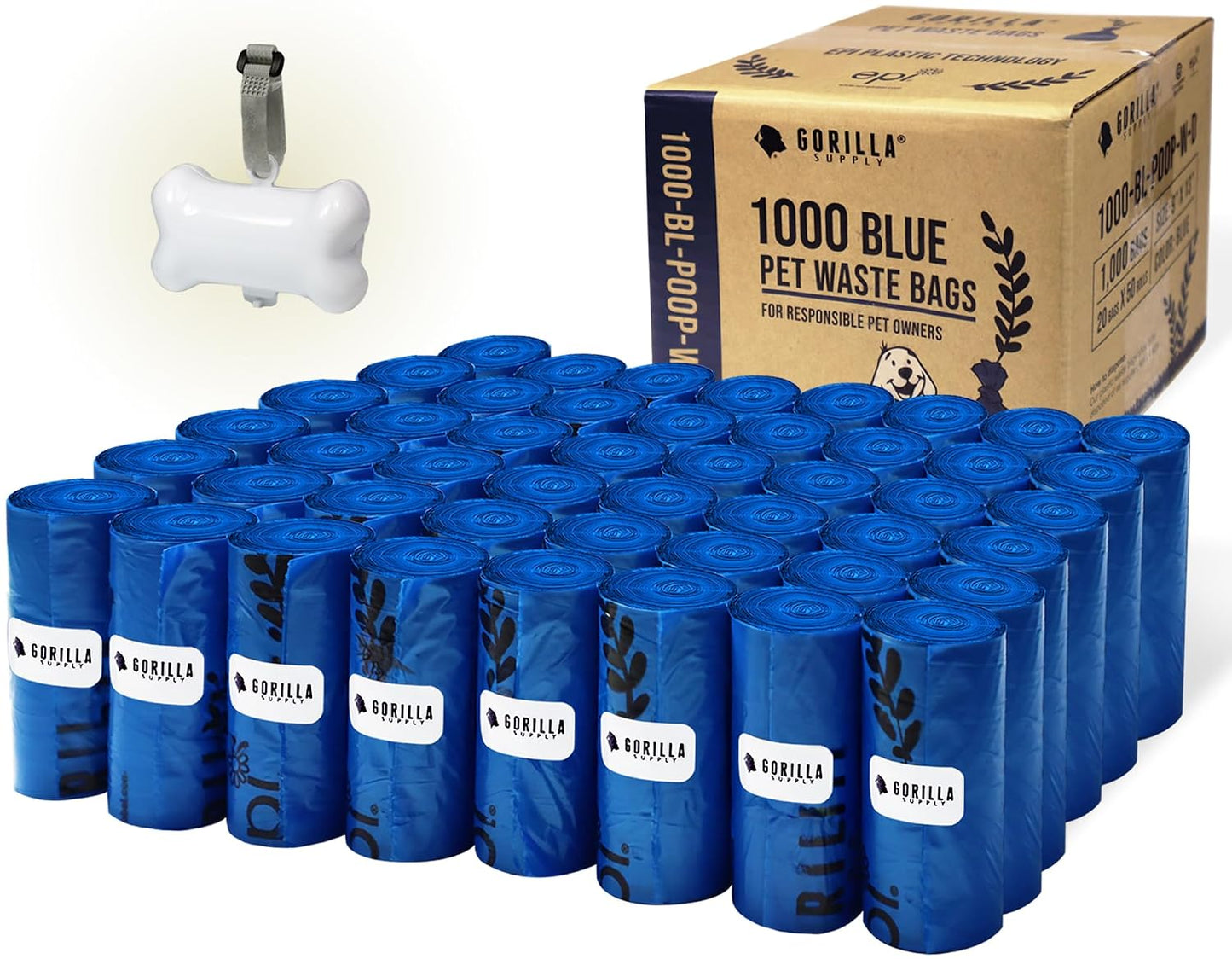 GORILLA SUPPLY 1000 Dog Poop Waste Bags with Dispenser and Leash Tie, 9" x 13", Blue, 1000 Count