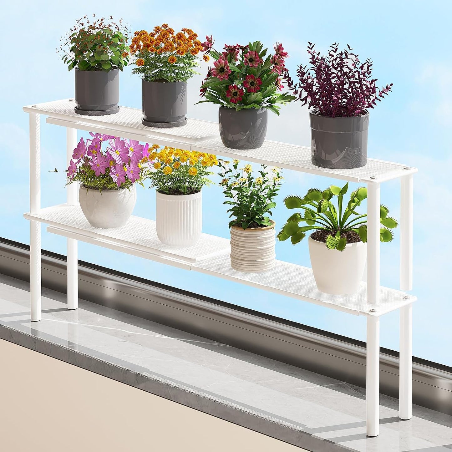 Expandable Window Shelf for Plants Kitchen Sink Organizer,White | 2 Pack, Stackable, Narrow Shelves, Kitchen Countertop Holder, Mesh Design, Slim Design, Load Capacity: 22 lbs, Elegant look