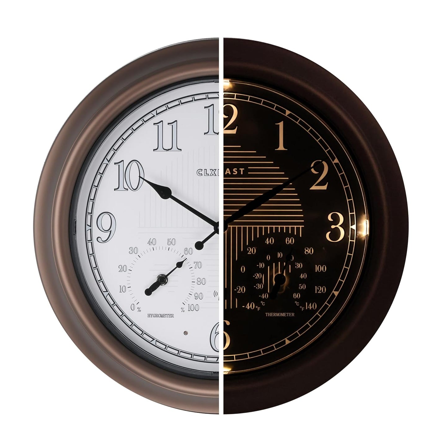 18" Illuminated Outdoor Atomic Analog Clocks Waterproof,IP65 Rating | Auto DST Adjust, Built In Adjustable Thermometer & Hygrometer, Bronze, Accurate & Easy to Read for Patio,Pool & Garden