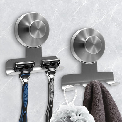 Suction Cup Razor Holder for Shower,Heavy-Duty 7KG Suction Hooks for Razor,Towel,Loofah,Removable Damage-Free Metal Shower Hook,Shaver Holder,2 Pack(Brushed Silver)