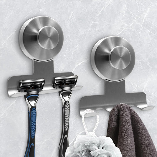 Suction Cup Razor Holder for Shower,Heavy-Duty 7KG Suction Hooks for Razor,Towel,Loofah,Removable Damage-Free Metal Shower Hook,Shaver Holder,2 Pack(Brushed Silver)