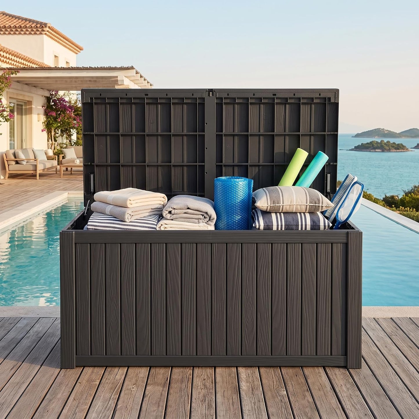 Outdoor Storage Box, 200 Gallon Waterproof Deck Box [Upgraded 3.1], Large Resin Storage with Hydraulic Lifts for King Cushions, Heavy Duty Lockable Bench Seat, Pool Deck, Black