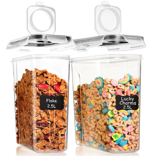 Shazo 2 Pack (15.4 Oz Cereal Capacity) Small Airtight Cereal Containers Storage with Lids, Perfect Space Saving BPA-Free Plastic Container, Pantry Organization and Canister for Rice, Sugar & Flour