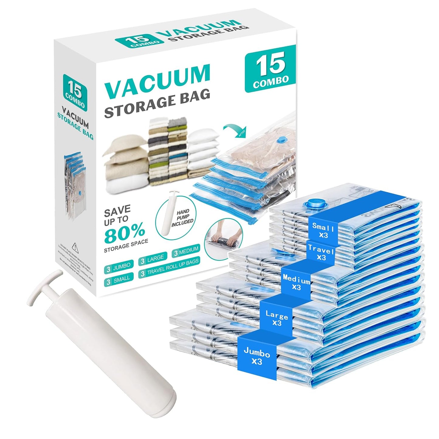 15 Pack Vacuum Seal Bags for Clothing &Travel, Space Saver Vacuum Storage Bags for Blankets,Luggage,Clothes,Comforter, Hand Pump Included (3 Jumbo,3 Large,3 Medium,3 Small,3 Roll）