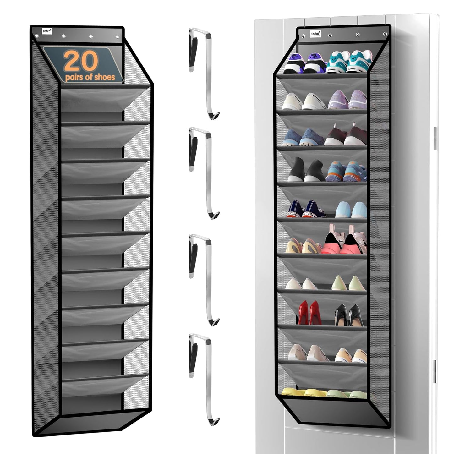 Kotkn 10 Tier Over The Door Organizer - Heavy Duty Hanging Storage Rack with Sturdy Oxford Fabric, Holds 20+ Pairs of Footwear, Boots & Sneakers, Saves 50% Closet Space (Gray)