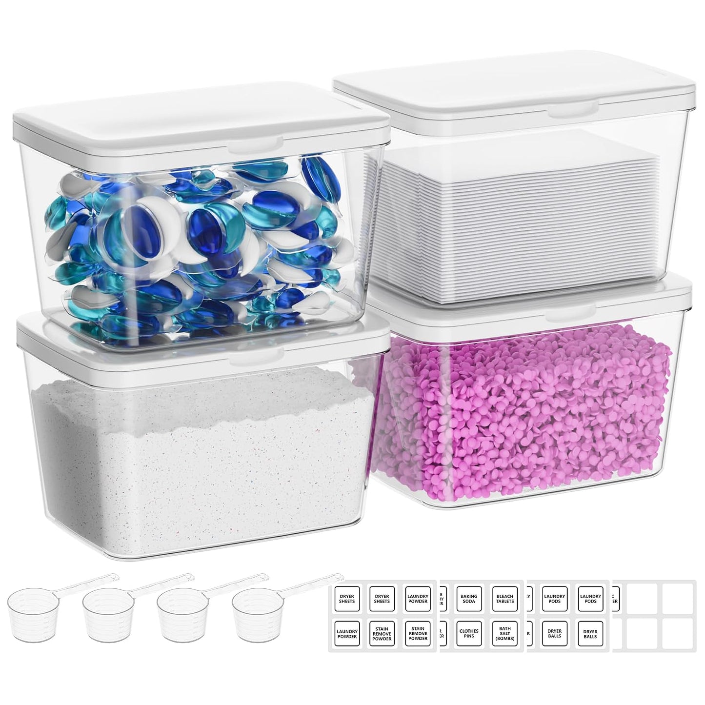 Vtopmart 4 Pack Laundry Pods & Detergent Container, Dryer Sheet Holder | Clear Laundry Powder Container with Lids &Labels & Scoop for Laundry Room Organization, Stackable Laundry Room Decor Bins
