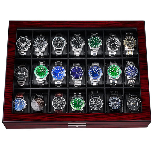 ANWBROAD 21 Slot Watch Cases for Men, Watch Box Organizer with Large Glass | Red Piano Finish, Lid Lockable Wooden Watch Display Case, Watch Organizer for Men Women Watch Holder, Watch Storage UJWB004Y