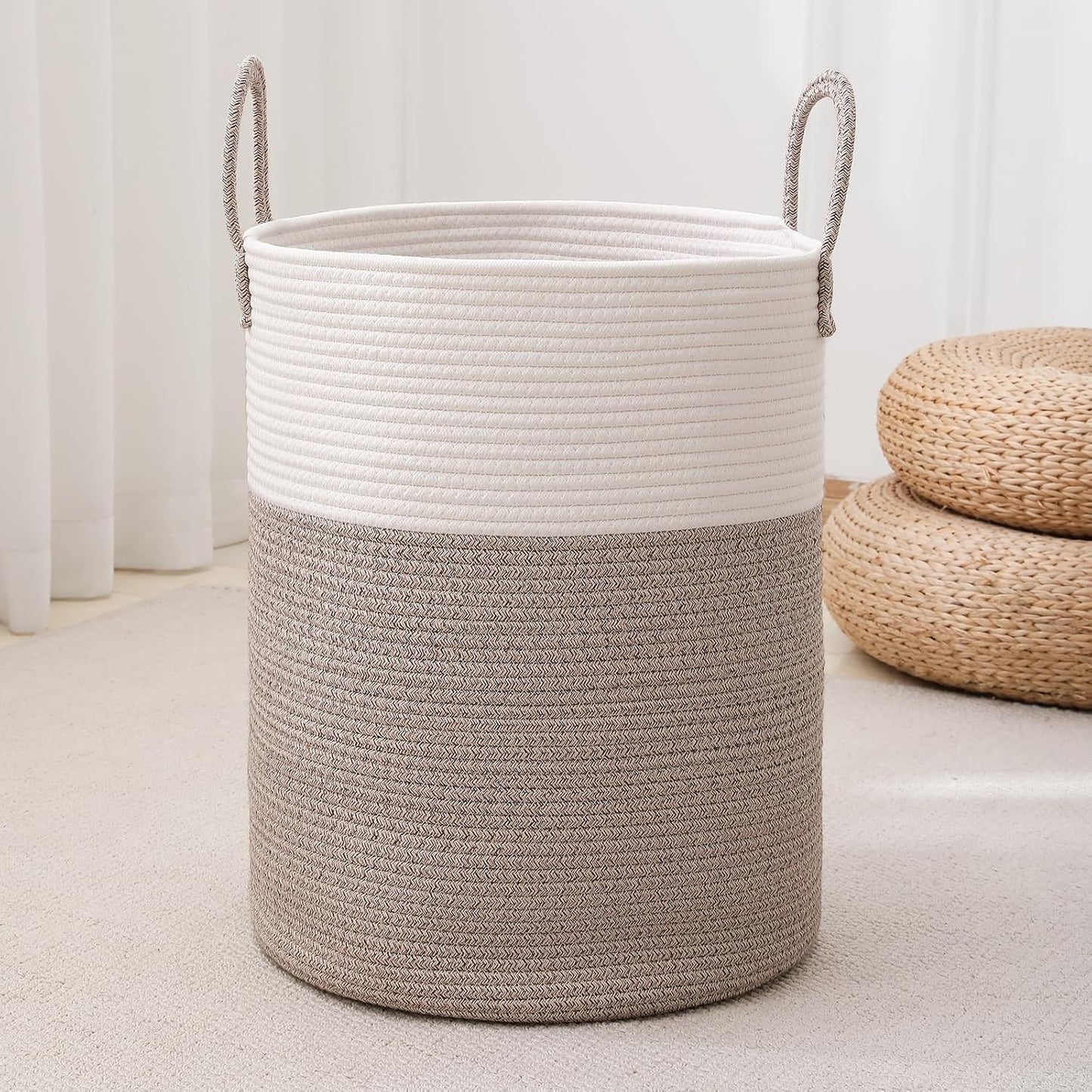 Laundry Basket Hamper Tall Rope Storage Woven for Blanket Toys Dirty Clothes in Living Room Bathroom Bedroom White & Brown 60L/15.8Gal