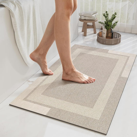 Non Slip Bath Mat Thin Bathroom Rugs Fit Under Door Beige 24"x 35" | Quick Dry Absorbent Washable Rubber Backing Bath Rug Shower Mat Bathroom Floor Mat for Sink Bathtub Beside Shower Entrance