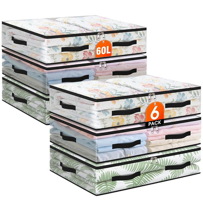 6 Pack Under Bed Storage Bags, 60L Foldable Clear Containers with Handles | Dual Zipper Storage Bins for Comforters, Bedding, Blankets, Closet Organizer for Clothes, Linen Sheets, Sweaters