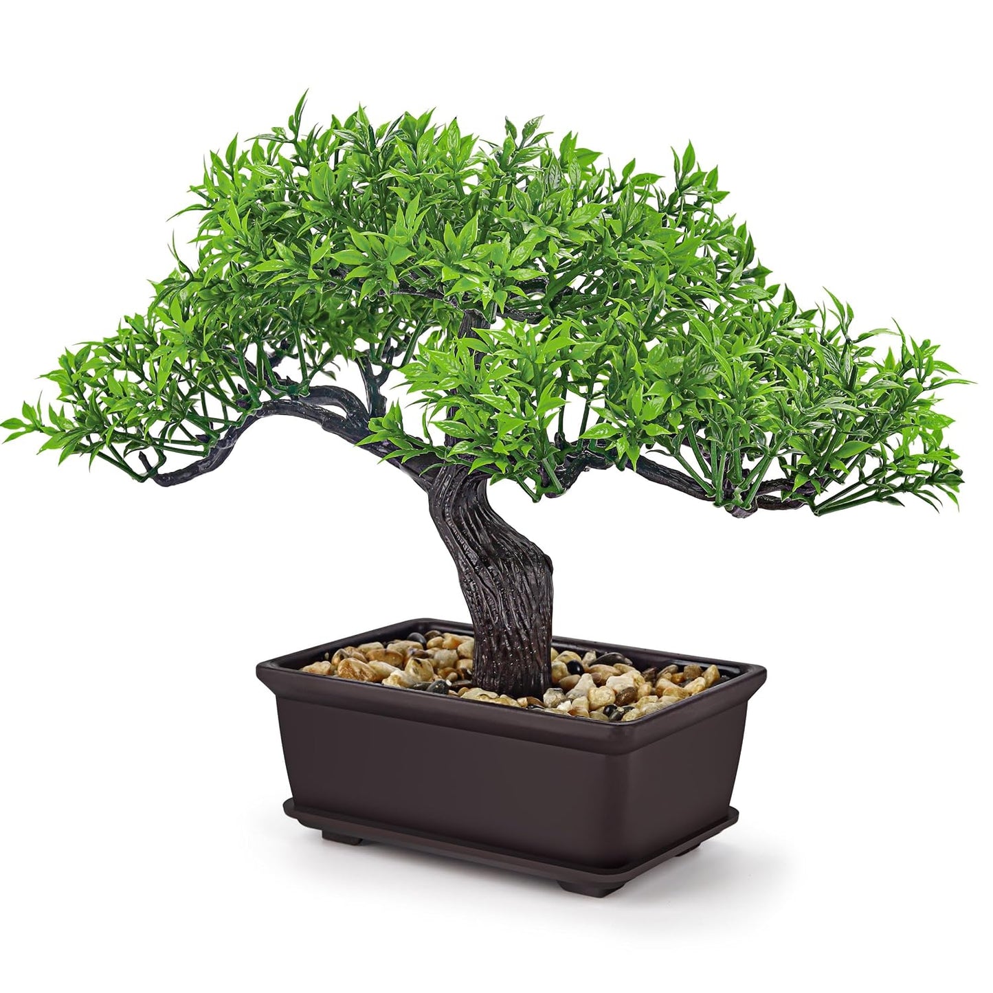 Der Rose Small Fake Bonsai Tree Ficus Decor Fake Plant for Shelf Desk Decor | 8" artificial bonsai tree with textured trunk, broad canopy and pebble base for bathroom desk shelf, Japanese and Zen decor