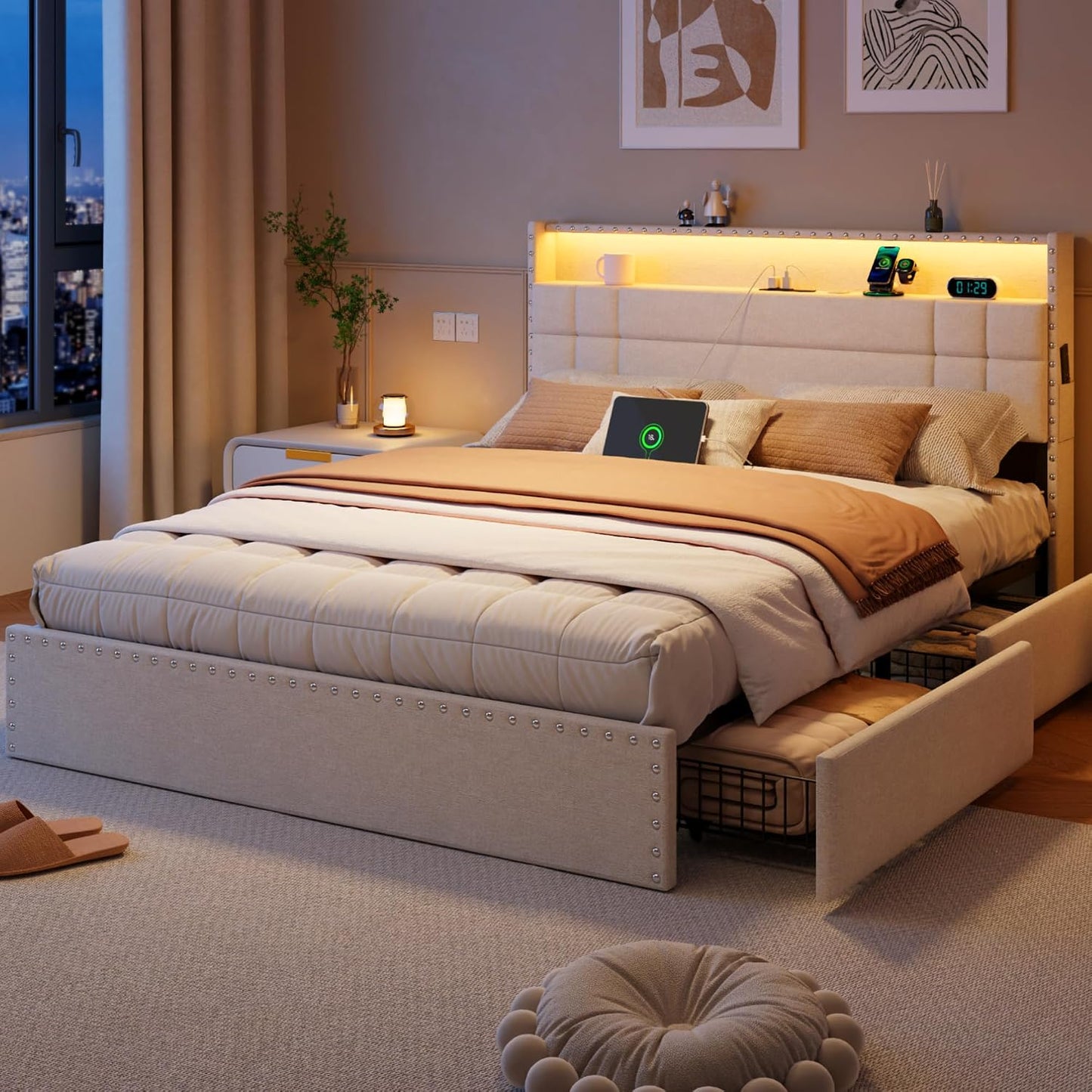Forestell Queen Bed Frame with 4 Drawers & Storage Headboard, Beige