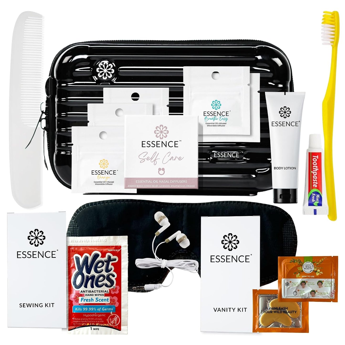 Essence Travel Amenity Kit | Travel Essentials & Travel Size Toiletries Kit | 5-Pack Nasal Diffuser Rings, Sleep Mask, Lotion & Hygiene Kit | Travel Toiletry Kit for Women | Black Case