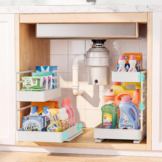 EVERIE Height Adjustable 2 Tier Metal Pull Out Slide Shelf Organizer for Framed or Frameless Under Sink Cabinets in Kitchen, Bathroom, with Snap-on Top Tray (White, 2 Sets)